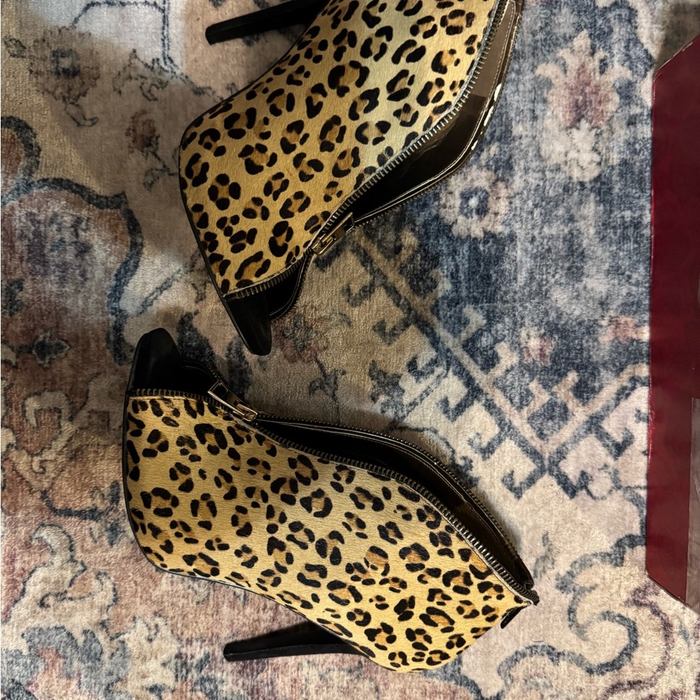 Carlos by Carlos Santana Leopard Print Peep-Toe Stiletto Booties - Black Trim
